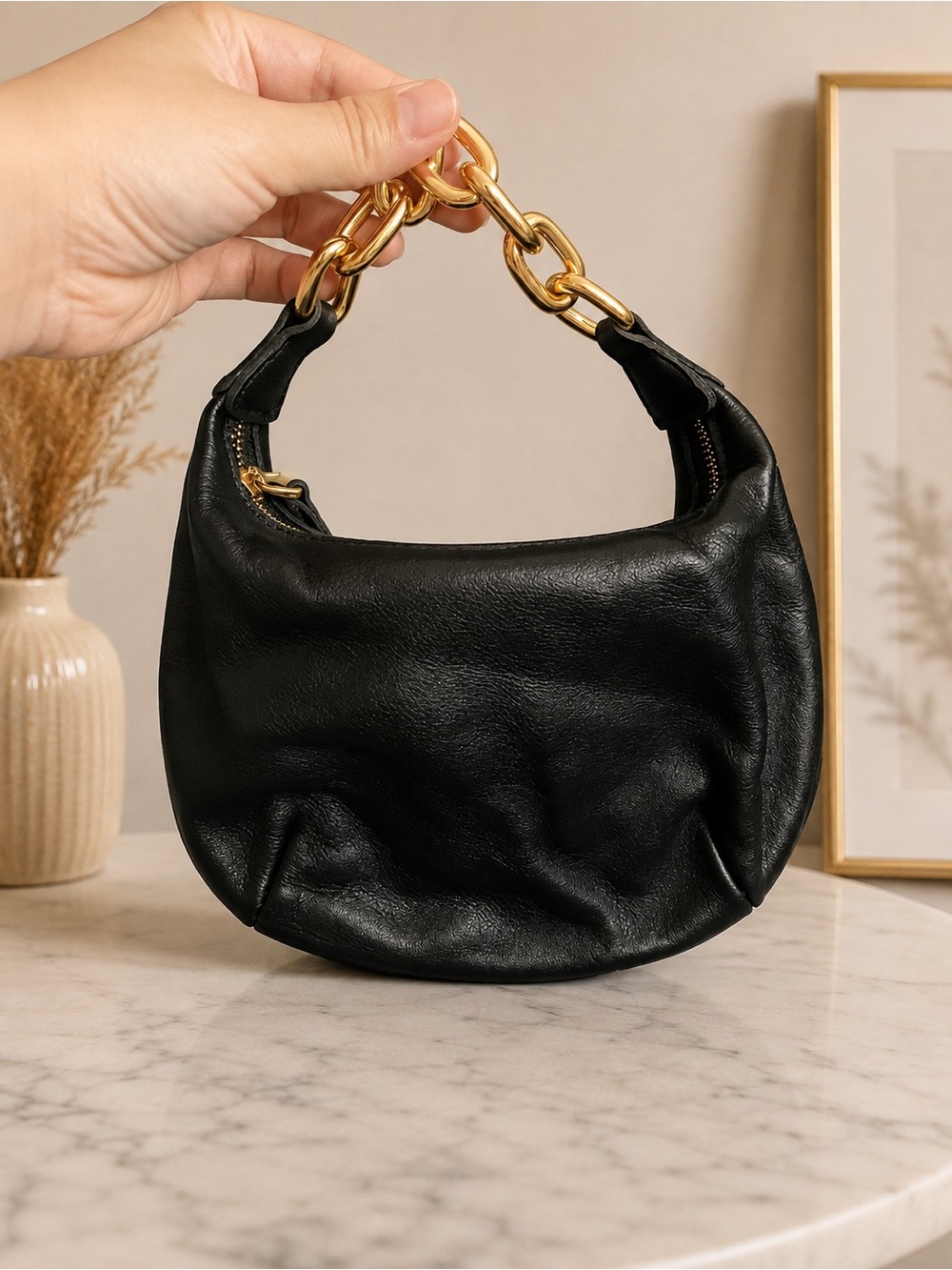 Madewell Black Leather Clutch with Gold Chain Handle